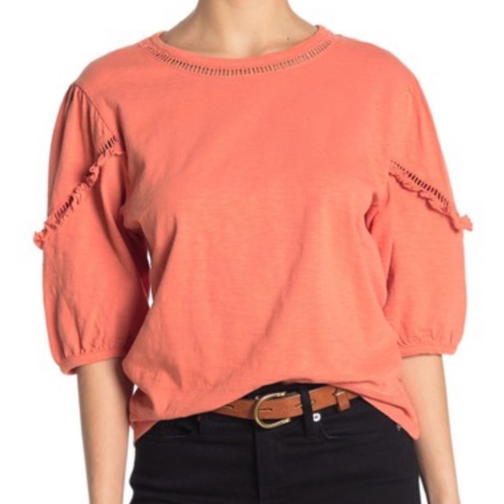 FRYE Top - PUFF SLEEVE LIGHT ORANGE TOP RUFFLE & CROCHET TRIM ACCENTS NEW XS